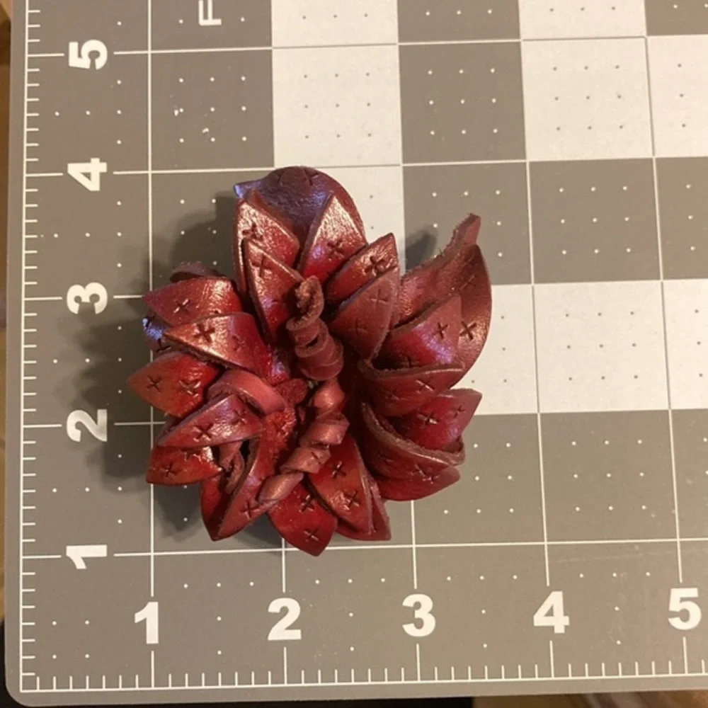 NWOT burgundy tooled leather layered petaled floral brooch